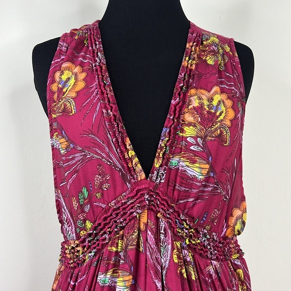 FREE PEOPLE Red Floral Hummingbird Print Ruffle Tiered Tunic Tank S - Picture 4 of 10